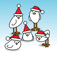 Five White Chicks with Santa Hats