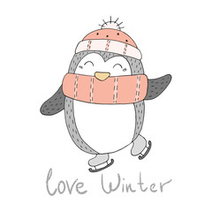 Hand drawn vector illustration with penguins. Printable templates