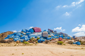 The famous colorful Painted Rocks near Tafraoute in the Anti Atlas mountains of Morocco, North...