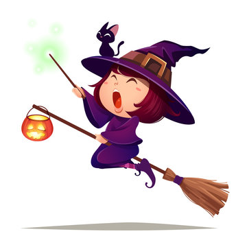 Halloween flying little witch. Girl in Halloween costume holds a magic wand.
