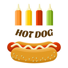 Hot dog street food. Colorful vector illustration, cartoon style, isolated on white background