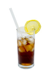glass of cocktail or tea with glass drinking straw, ice and lemon isolated on white. object; beverage.