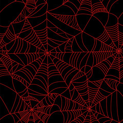 Halloween spider web Red on black background seamless pattern. Stock vector.