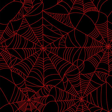 Halloween spider web Red on black background seamless pattern. Stock vector.