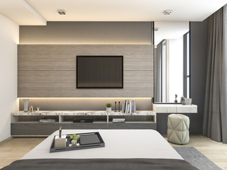 3d rendering luxury modern bedroom suite in hotel with wardrobe and walk in closet