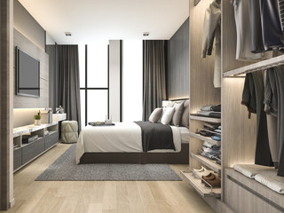 3d rendering luxury modern bedroom suite in hotel with wardrobe and walk in closet