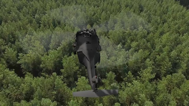 
 Black Hawk military Helicopter in flight over green pine tree forest in european - top view - aerial view