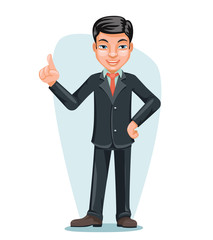 Asian Businessman Chinese Japanese Vietnamese Male Employee Boss Hand Forefinger Up Cartoon Character Design Vector Illustration