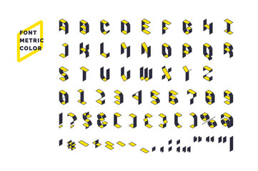 Modern technical display font Metric. Set all letters and numbers with characters.