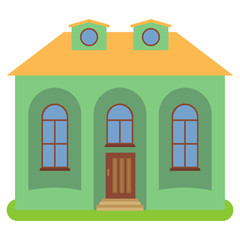 Private house with a yellow roof and green walls on a white background. Vector illustration.
