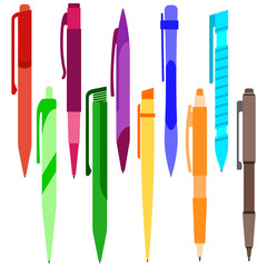 Set of multi-colored pens on a white background. Vector illustration.
