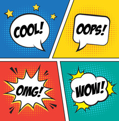 Retro comic speech bubbles set on colorful background. Expression text COOL, OOPS, WOW, OMG. Vector illustration of comic speech bubbles, vintage design, pop art style.