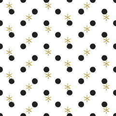 Glitter gold polka dot Christmas New Year seamless pattern with snowflakes. Paint brush circle black and white background. Golden snowflakes. Vector illustration. Hipster trendy wrapping gift paper.