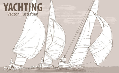 Hand sketch of sailing yachts regatta. Races in the sea. Vector sport illustration. Graphic silhouette of yachts on background design. Active people. Extreme. Traveling.