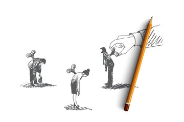 Motivation concept. Hand drawn people who need motivation. One man motivate another isolated vector illustration.