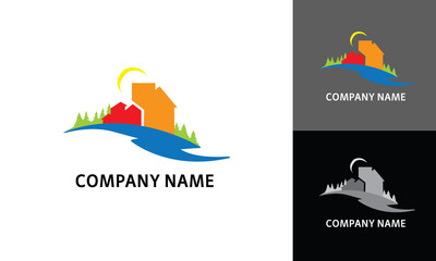 Sunny city, green forest and lake logo - vector design