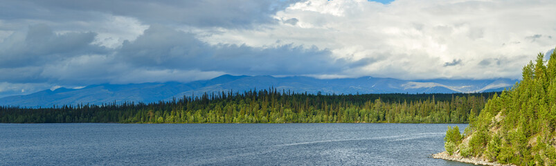 Panoramic views of the Khibiny mountains. Photographed on lake Imandra,