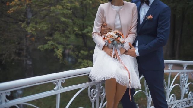 Wedding couple in autumn park on small bridge. The park has a lot of yellow leaves and gentle sentiments.