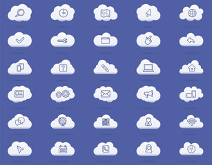 Cloud computing linear icons set. Download, upload, settings and preferences symbols. Lock, unlock and folder icons. Online data storage icons. Vector isolated outline drawings