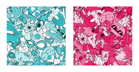 Set of Graffiti pattern with urban lifestyle line icons. Crazy doodle abstract vector background. Trendy linear style collage with bizarre street art elements.