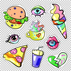 Fashion pop art patch badges sweet colors isolated on transparent background