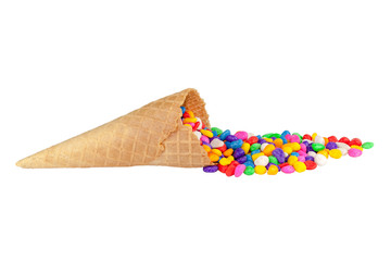 colorful candy with ice cream cone on white background