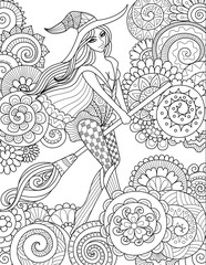 Pretty witch riding broom in the sky with floral clouds for halloween cards,invitations and adult coloring book page.