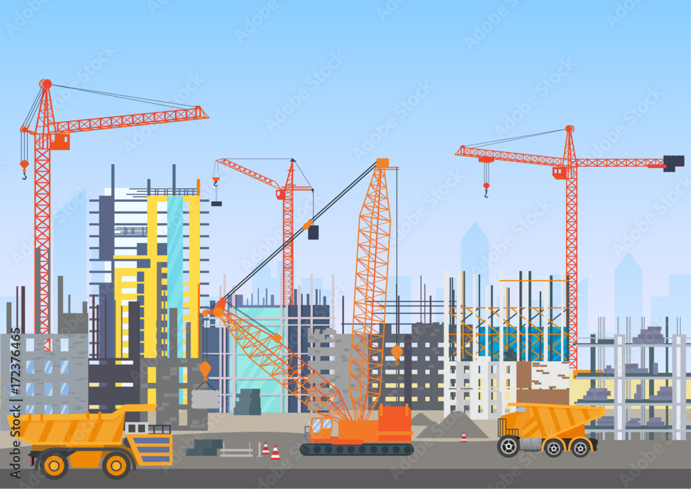 Poster Building city skyline under construction architecture website with tower cranes. Building work process with construction machines. Vector illustration.