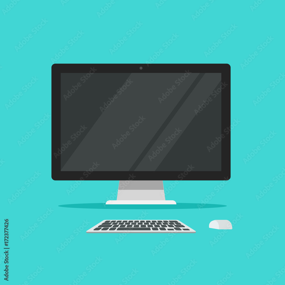 Poster monitor keyboard and mouse vector illustration isolated on color background flat cartoon style, idea