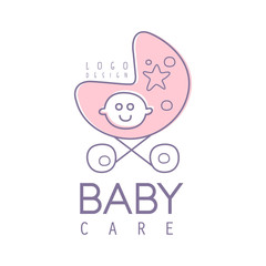 Baby care logo design, emblem with pink baby stroller