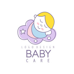 Baby care logo design, emblem with cute sleeping baby, label for kids club, baby or toys shop and any other children projects colorful vector Illustration