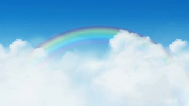 White clouds moving from right to left on clear blue sky with rainbow on background available in 4k UHD FullHD and HD 3d loopable video footage