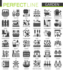 Gardening flower equipment classic black mini concept symbols. Garden modern icon pictogram vector illustrations set.