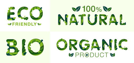 Eco, Bio, Natural and organic lettering template, origami concept and ecology idea. Vector illustration