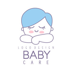 Baby care logo design, emblem with cute sleeping kid, label for kids club, baby or toys shop and any other children projects colorful vector Illustration