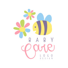 Baby care logo, label for kids club, baby or toys shop and any other children projects colorful hand drawn vector Illustration