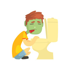 Sick boy vomiting into the toilet bowl cartoon character vector illustration
