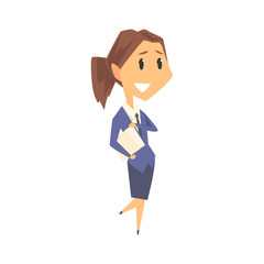 Smiling businesswoman character in formal wear standing with documents, business person at work cartoon vector illustration