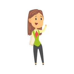 Fototapeta na wymiar Businesswoman character in formal wear standing with documents and waving her hand, business person at work cartoon vector illustration