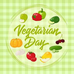 Fresh and tasty vegetables for your design. Background for World Vegetarian Day in cartoon style. Vector illustration. Holiday Collection.