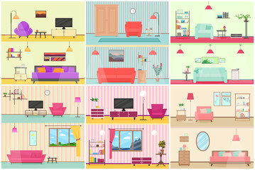 Vector illustration of various flat cartoon interiors of living room.
