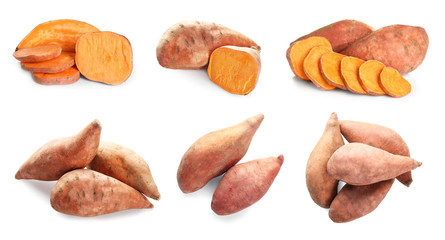 Collage of sweet potatoes on white background