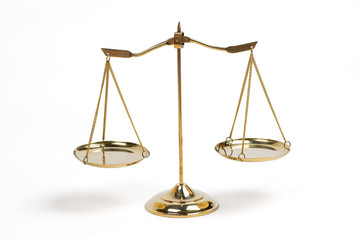 Golden scales of justice for lawyer courtroom decoration object.