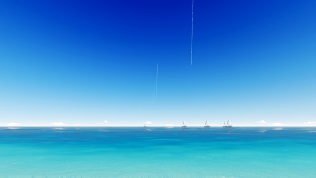 Sailing boat clear blue sea. 3D render.