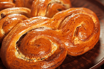 Freshly baked bread on wooden table