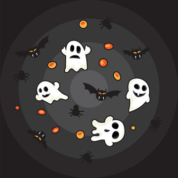 Hallowen pattern black bats, white ghost and orange pumpkin on black background