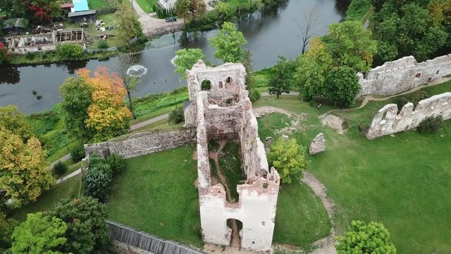ruins of an ancient medieval castle Dobele Latvia Aerial drone top view 4K UHD video