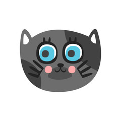 Cute grey cat head with beautiful blue eyes, funny cartoon animal character, adorable domestic pet vector illustration