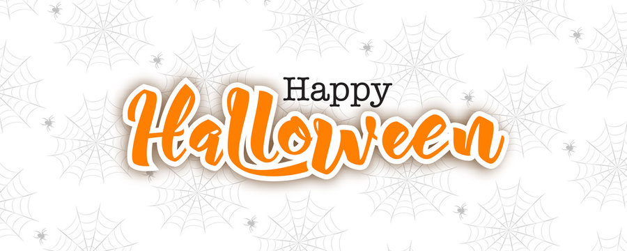 Happy Halloween lettering in paper cut technique, vector illustration. Hand drawn text, spider on web pattern, isolated on white background.