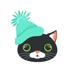 Cute black cat head in turquoise knitted hat, funny cartoon animal character vector illustration